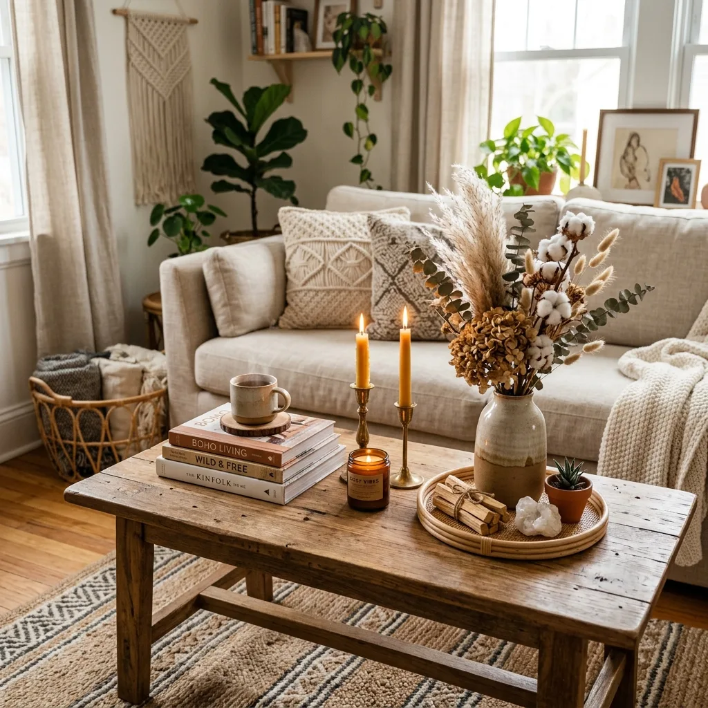Boho coffee table styling in a cozy living room